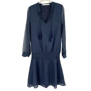 Marie Oliver Navy Blue Smocked Waist Dress With Tassels Long Sheer Sleeve Small